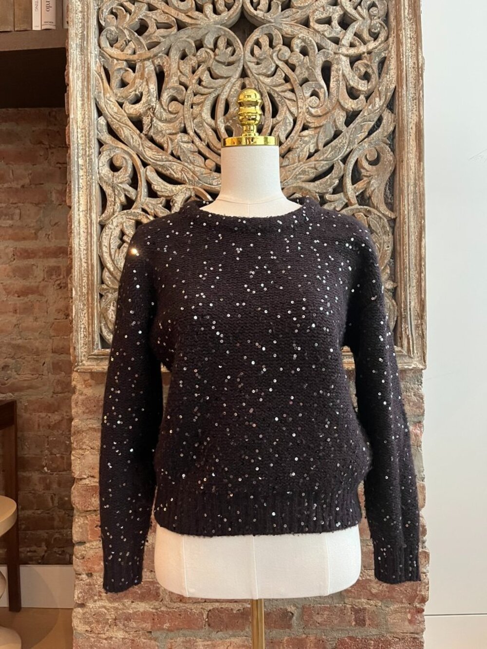 Akris chocolate brown clear-Sequined Wool Cashmere Blend Crewneck Sweater